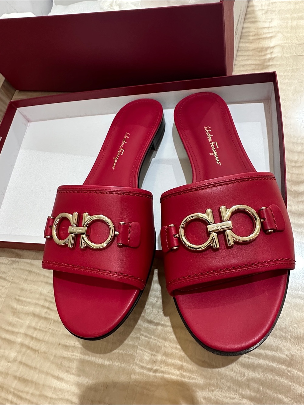 Salvatore Ferragamo Red Leather Gancini Slide Mules - Picture 5 of 5